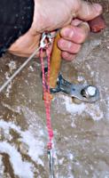 Wooden dowel as an ice screw handle